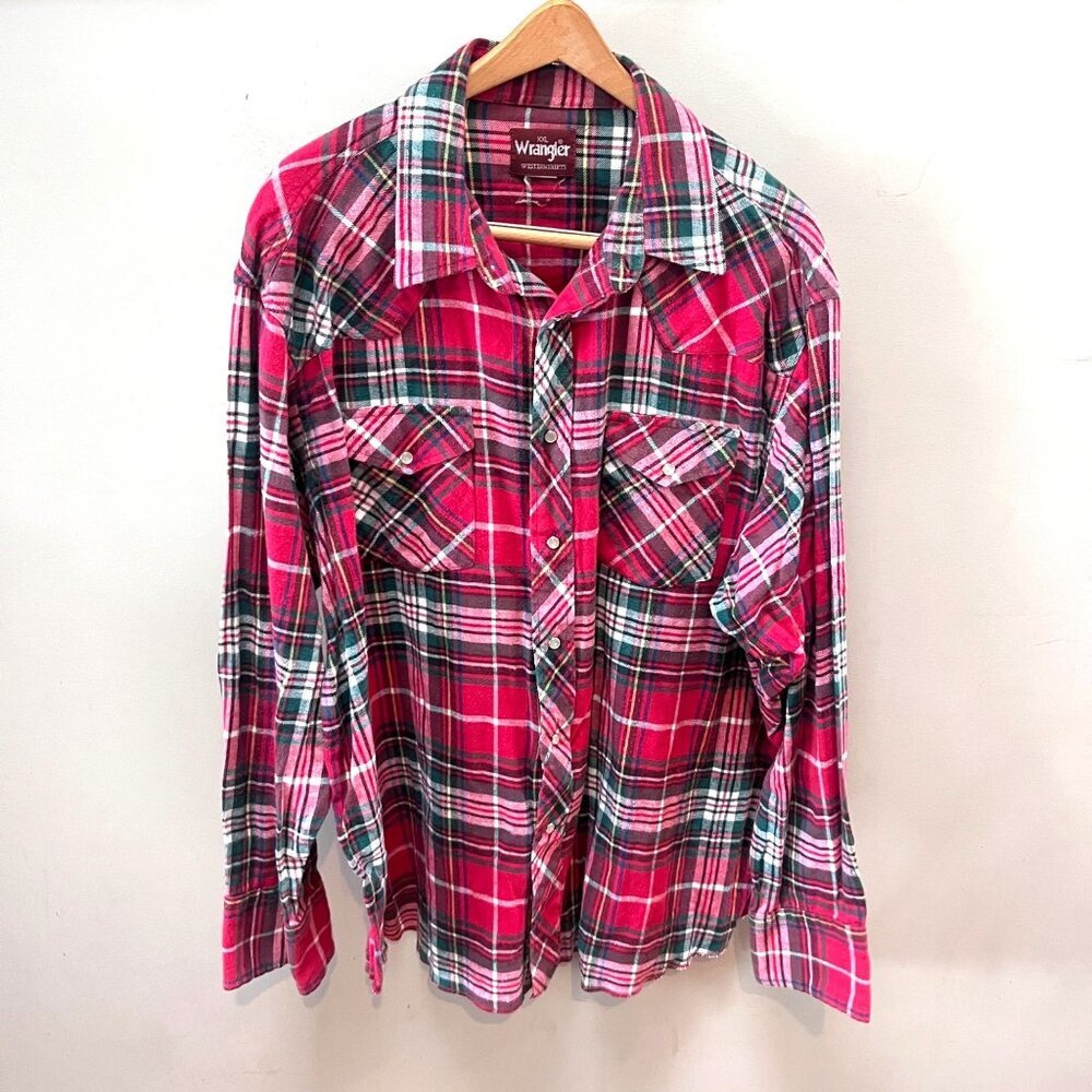 Vintage Wrangler XXL Red Plaid  Pearl Snap Flannel‎ Western Shirt
